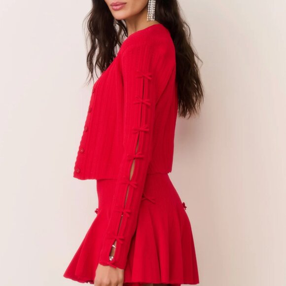 NWT LoveShackFancy Zoriah Rib Pointelle Knit Cardigan Candy Apple Red Holiday - Picture 2 of 5